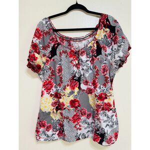 Healing Hands Floral Print Top - Red, Yellow, Black, Gray